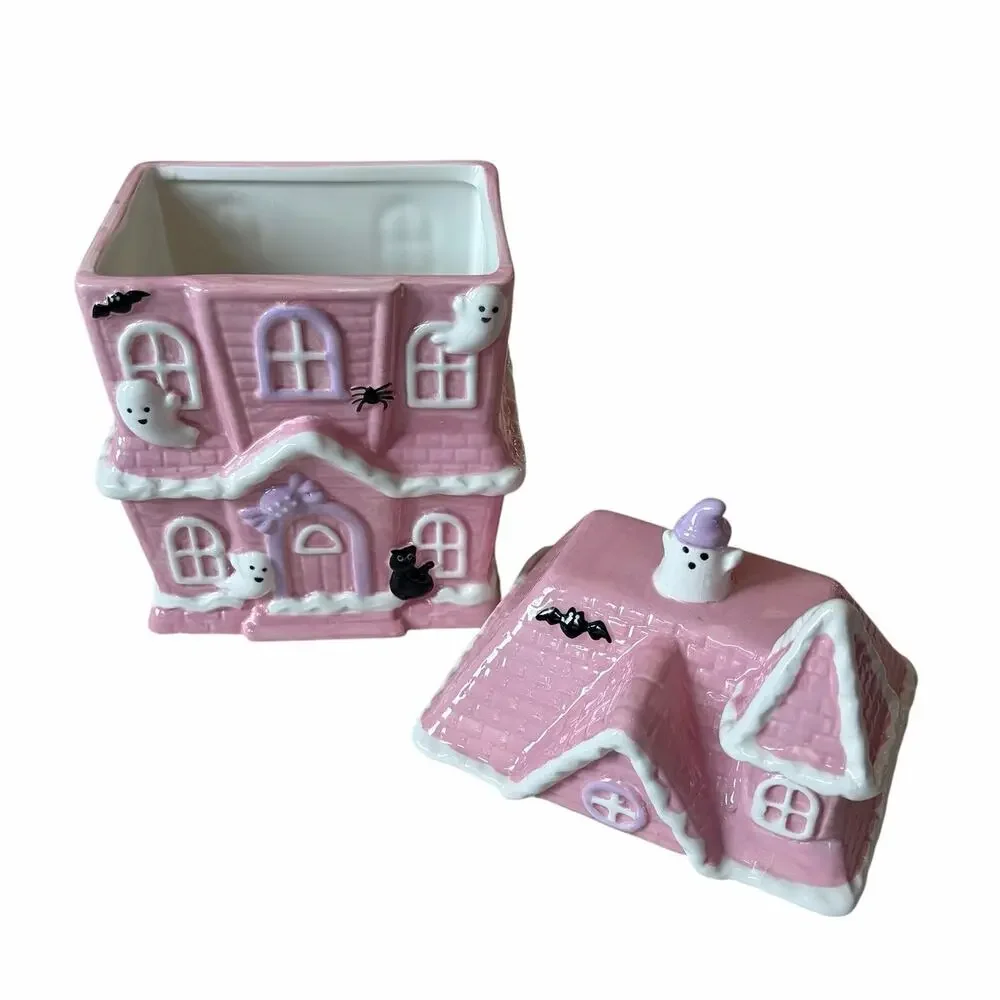 Pink Halloween HAUNTED HOUSE Cookie Jar by Booville Ceramic Spooky Boo New